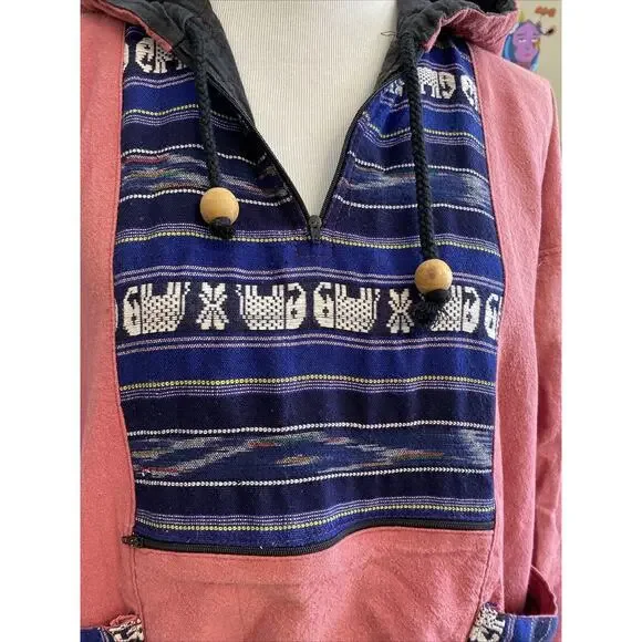 Vintage Baja Poncho Hoodie M Blanket Pullover Hippie Festival India Thailand - Picture 9 of 16